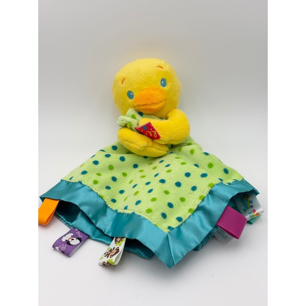 Taggies Baby Security Blanket Plush Yellow Duck Polka Dot Teal Satin Ribbon Tags